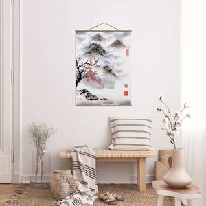 Tableau déco Cerisier et montagne Toile et bois massif - Gris - 80 cm x 106,5 cm x 0,3 cm - 80 x 107 cm