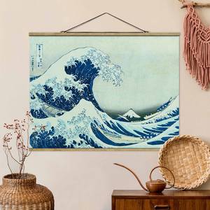 Stoffbild Die grosse Welle von Kanagawa Textil; Massivholz (Holzart) - Blau - 35cm x 26cm x 0,3cm - 35 x 26 cm