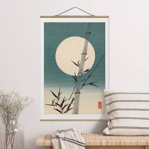 Tableau déco Lune et bambous Toile et bois massif - Bleu - 50 cm x 75 cm x 0,3 cm - 50 x 75 cm