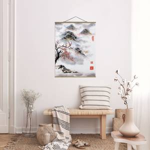 Tableau déco Cerisier et montagne Toile et bois massif - Gris - 35 cm x 46,5 cm x 0,3 cm - 35 x 47 cm