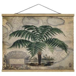 Stoffbild Collage Palme & Weltkarte Textil; Massivholz (Holzart) - Grün - 35cm x 26cm x 0,3cm - 35 x 26 cm