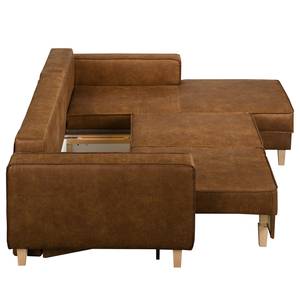 Divano angolare MAISON + funzione letto Effetto pelle anticata - Tessuto misto Xia: cognac - Longchair preimpostata a destra