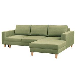 Ecksofa MAISON mit Schlaffunktion Webstoff Lark: Pistaziengrün - Longchair davorstehend rechts