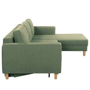 Ecksofa MAISON mit Schlaffunktion Webstoff Lark: Pistaziengrün - Longchair davorstehend rechts