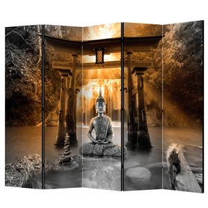 Paravento Buddha Smile I Tessuto non tessuto su legno massello  - Nero / Arancione - 5 pannelli