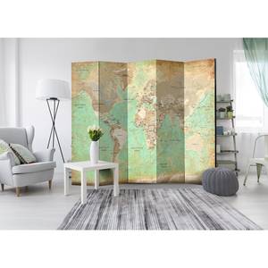 Paravent Turquoise World Map Vlies auf Massivholz  - Mehrfarbig- 5-teilig