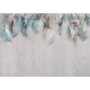 Papier peint intissé Colourful Feathers Intissé - Gris / Vert - 150 x 105 cm