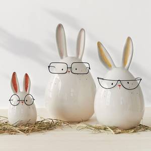 Dekofigur Hasen mit Brille Keramik / Metall - Weiß / Bunt