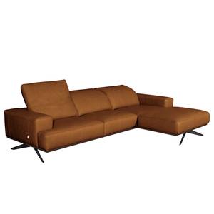 Ecksofa Iglesia Echtleder - Echtleder Nadra: Cognac - Longchair davorstehend rechts - Schwarz - Buche Dunkel