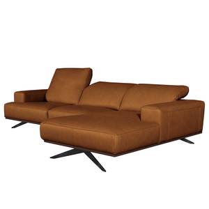 Ecksofa Iglesia Echtleder - Echtleder Nadra: Cognac - Longchair davorstehend rechts - Schwarz - Buche Dunkel