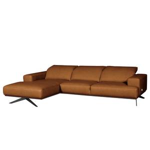 Ecksofa Iglesia Echtleder - Echtleder Nadra: Cognac - Longchair davorstehend links - Schwarz - Buche Dunkel