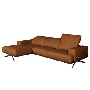 Ecksofa Iglesia Echtleder - Echtleder Nadra: Cognac - Longchair davorstehend links - Schwarz - Buche Dunkel