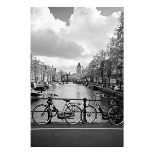 Afbeelding Bikes On Bridge verwerkt hout & linnen - zwart-wit
