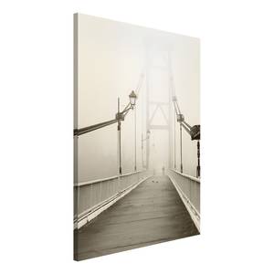 Afbeelding Bridge in the Fog verwerkt hout & linnen - zwart-wit