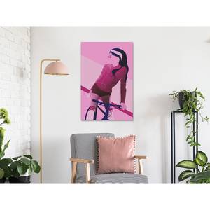 Afbeelding Woman on Bicycle verwerkt hout & linnen - roze