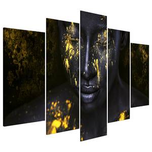 Wandbild Bathed in Gold (5-teilig) Holzwerkstoff & Leinen - Schwarz / Gold - 200 x 100 cm