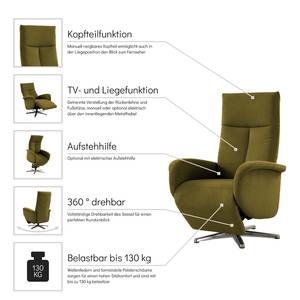 Fauteuil relax Nesebar II Tissu Olea: Vert olive - Fonction relaxation - Sans aide au redressement - Réglage électrique : 2 moteurs avec câble