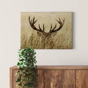 Wandbild Hirsch Watchful Deer Polyester PVC / Fichtenholz - Braun  / Beige