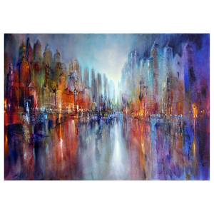 Leinwandbild City On The River Polyester PVC / Fichtenholz - Blau  / Orange