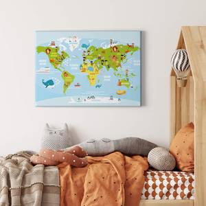 Leinwandbild Tiere Karte Kids World Polyester PVC / Fichtenholz - Blau  / Grün