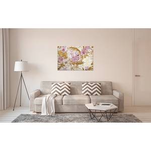 Leinwandbild Flamingos Floral Polyester PVC / Fichtenholz - Beige / Rosa