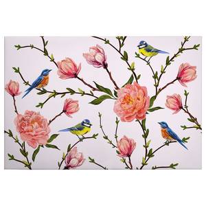Quadro con fiori e uccelli Poliestere PVC / Legno di abete rosso - Rosa / Verde