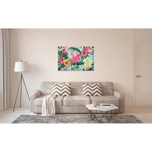 Leinwandbild Flamingos Floral Polyester PVC / Fichtenholz - Rot / Blau