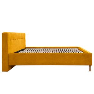 Gestoffeerd bed Woodlake II Velours Ravi: Mosterdgeel - 160 x 200cm