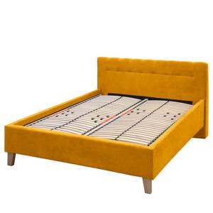 Gestoffeerd bed Woodlake II Velours Ravi: Mosterdgeel - 160 x 200cm