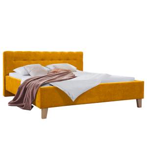 Lit capitonné Woodlake II Velours Ravi: Jaune moutarde - 200 x 200cm - Avec espace de rangement