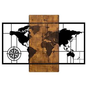 Quadro di legno Mappa del mondo Alluminio / HDF - Noce / Nero - 85 cm x 58 cm