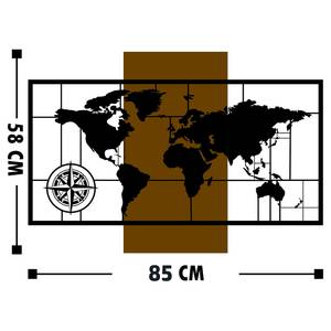 Quadro di legno Mappa del mondo Alluminio / HDF - Noce / Nero - 85 cm x 58 cm