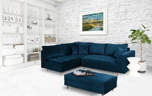 Ecksofa Meyford Samt Ravi: Marineblau - Ottomane davorstehend links - Ohne Hocker