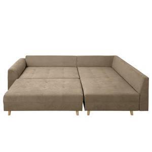 Ecksofa Meyford Microfaser Enza: Hellbeige - Ottomane davorstehend rechts - Mit Hocker