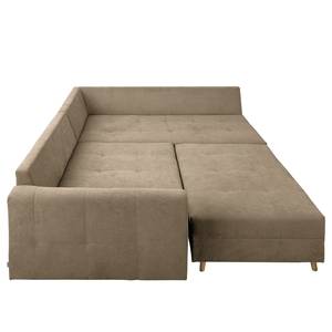 Ecksofa Meyford Microfaser Enza: Hellbeige - Ottomane davorstehend rechts - Mit Hocker