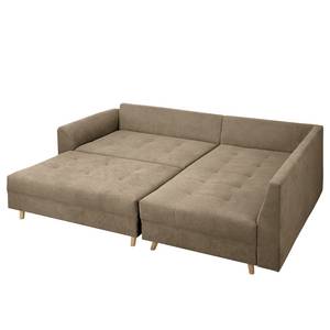 Ecksofa Meyford Microfaser Enza: Hellbeige - Ottomane davorstehend rechts - Mit Hocker