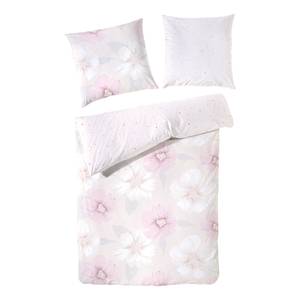 Parure de lit en renforcé Florence Coton - Blanc / Rose - 155 x 220 cm + oreiller 80 x 80 cm