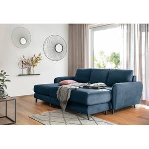 Ecksofa Tatan Microfaser Faria: Marineblau - Longchair davorstehend links - Mit Hocker