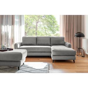 Ecksofa Tatan Microfaser Faria: Grau - Longchair davorstehend rechts - Mit Hocker