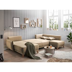 Divano letto panoramico Rutherford Tessuto Denga / Microfibra Laci: beige / cuciture decorative beige - Penisola montabile su entrambi i lati