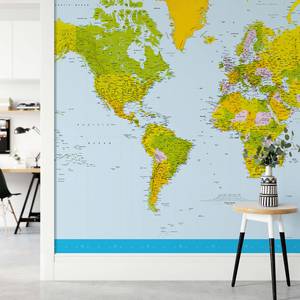 Papier peint World Map - Bleu / Vert / Jaune - 3,66 x 2,54 cm