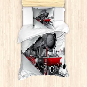 Bettwäsche Dampfmaschine Microfaser Polyester - Grau / Rot - 135 x 200 cm + Kissen 80 x 80 cm