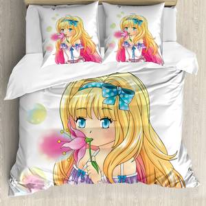 Beddengoed Anime microvezel polyester - geel/roze - 200x200cm + 2 kussens 80x80cm