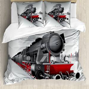 Parure de lit Locomotive Microfibre / Polyester - Gris / Rouge - 155 x 220 cm + 2 oreillers 80 x 80 cm