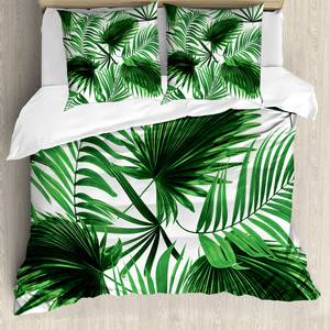 Beddengoed Palmblad microvezel polyester - varengroen/wit - 155x220cm + 2 kussens 80x80cm