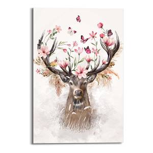 Tableau déco Cerf au milieu des fleurs Papier - Rose