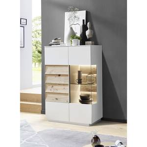 Highboard Misano II fineer van echt hout - Wit/wild eikenhout - Glazendeur rechts - Met verlichting