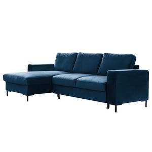 Hoekbank Sagata met chaise longue Velours Krysia: Donkerblauw - Longchair vooraanzicht links - Met slaapfunctie