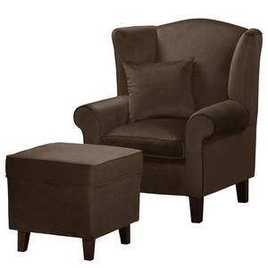 Fauteuil à oreilles Colmar Velours Vaia: Marron foncé - Avec repose-pieds