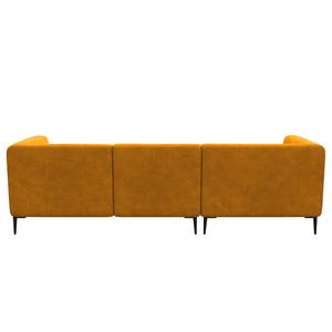 Hoekbank DUNKELD 2,5-zits + chaise long. Velours Shyla: Mosterdgeel - Longchair vooraanzicht links